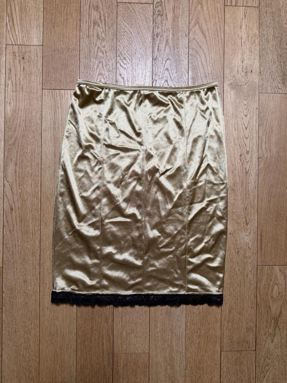 Gold Satin Pencil Skirt with Black Lace Trim